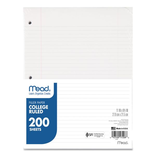 Mead Filler Paper, 3-Hole, 8.5 x 11, College Rule, 200/Pack