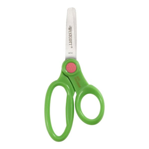 Westcott Scissor Caddy with Kids' Scissors, 5" Long, 2" Cut Length, Light Blue; Light Green; Pink; Red, Straight Handles, 24/Set