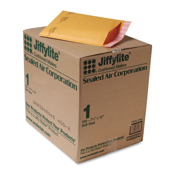 Sealed Air Jiffylite Self-Seal Bubble Mailer, #1, Barrier Bubble Air Cell Cushion, Self-Adhesive Closure, 7.25 x 12, Brown Kraft, 100/CT