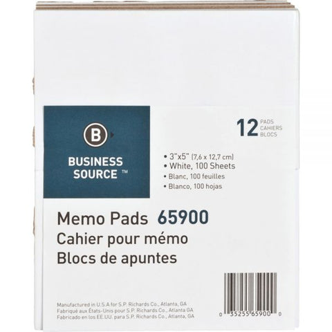 Business Source 65900 Memo Pads 3" x 5" Size - Unruled - Glued Binding - White - 100 Sheets/ Pad - 12 Pads