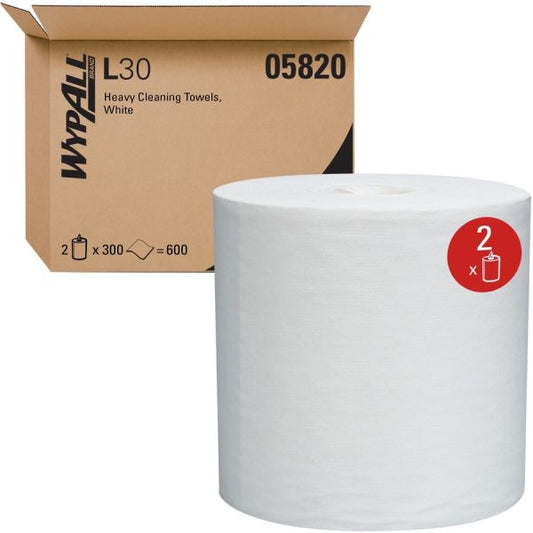 WypAll L30 Towels, Center-Pull Roll, 9.8 x 15.2, White, 300/Roll, 2 Rolls/Carton