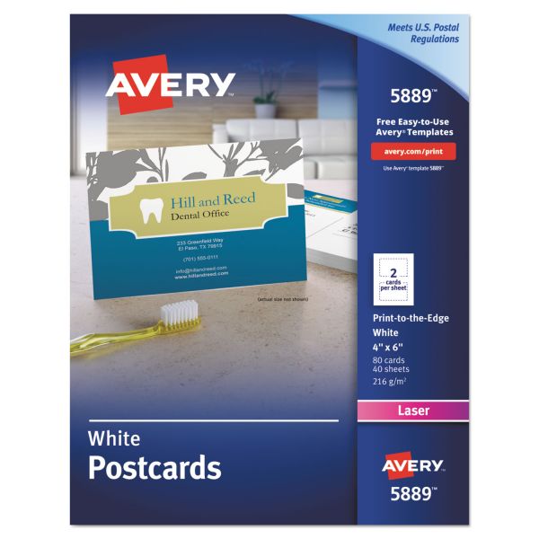 Avery Printable Postcards, Laser, 80 lb, 4 x 6, Uncoated White, 80 Cards, 2 Cards/Sheet, 40 Sheets/Box