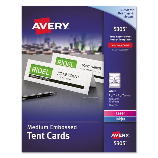 Avery Medium Embossed Tent Cards, White, 2.5 x 8.5, 2 Cards/Sheet, 50 Sheets/Box