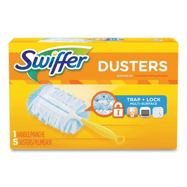 Swiffer Dusters Starter Kit, Dust Lock Fiber, 6" Handle, Blue/Yellow, 6/Carton