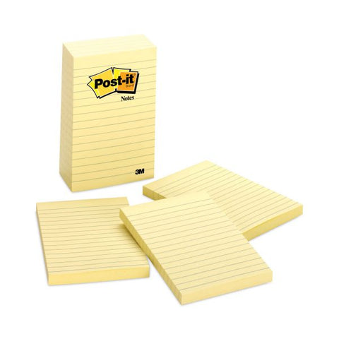 Post-it Notes Original Pads in Canary Yellow, Note Ruled, 4" x 6", 100 Sheets/Pad, 5 Pads/Pack