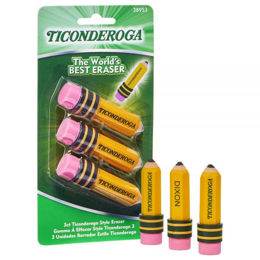 Ticonderoga Shaped Eraser, For Pencil Marks, Pencil Shaped, Small, Yellow/Green/Pink, 3/Pack