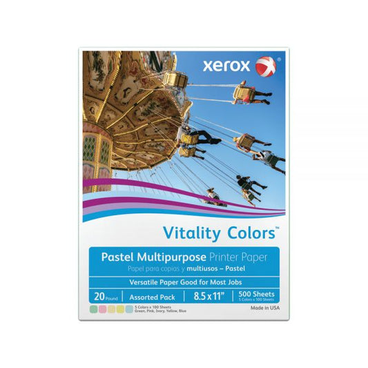 Xerox Vitality Colors Colored Multi-Use Print & Copy Paper, Letter Size (8 1/2" x 11"), 20 Lb, 30% Recycled, Assorted Pastels, Ream Of 500 Sheets