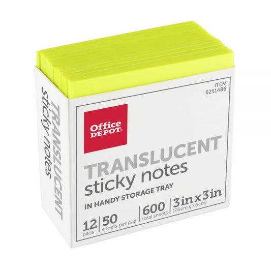 Translucent Sticky Notes, With Storage Tray, 3" x 3", Yellow, 50 Notes Per Pad, Pack Of 12 Pads