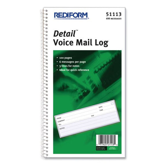 Rediform Detail Wirebound Voice Mail Log Book, One-Part (No Copies), 5 x 1.63, 6 Forms/Sheet, 600 Forms Total