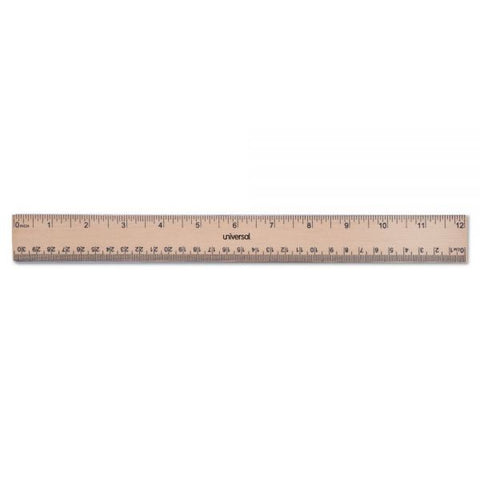 Universal Flat Wood Ruler w/Double Metal Edge, Standard, 12" Long, Clear Lacquer Finish