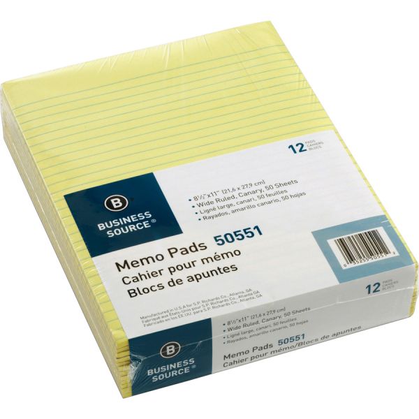 Business Source Glued Top Ruled Memo Pads - Letter 8.50" x 11" - Wide Ruled - 50 Sheets/Pad - 12 Pads - Canary