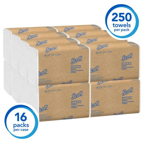 Scott Multi-Fold Paper Towels with Absorbency Pockets, 9 1/5 x 9 2/5, 1-Ply, White, 250 Sheets/Pack, 16 Packs/Carton