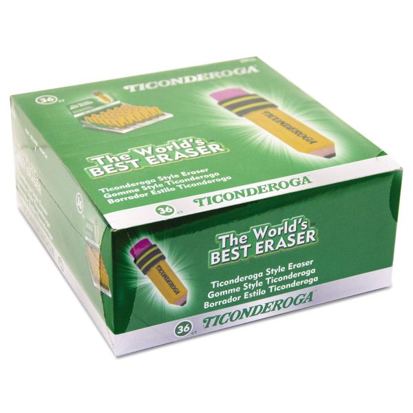 Ticonderoga Shaped Eraser, For Pencil Marks, Pencil Shaped, Small, Yellow/Green/Pink, 36/Box