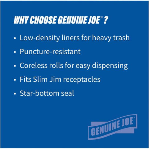 Genuine Joe Slim Jim 23 Gallon Trash Bags, Black, Low-Density, 1 mil, 150/Box Black Garbage Bag - Low-Density - 1 mil Thickness - 23 Gallon Capacity - 150/ Box