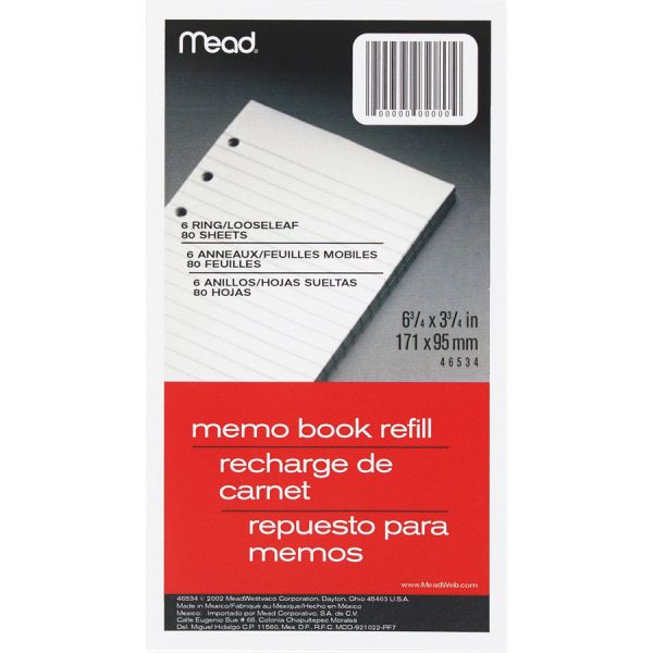 Mead Memo Book Refill Pages 80 Sheet - Narrow Ruled - 3.75" x 6.75" - 1 Pack - White