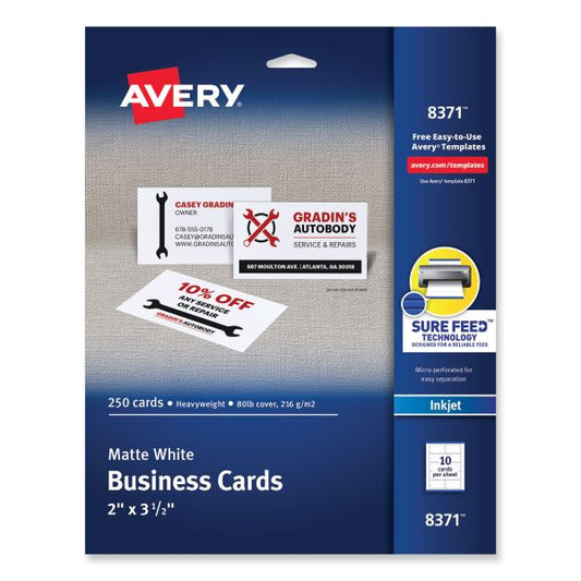 Avery Printable Microperforated Business Cards w/Sure Feed Technology, Inkjet, 2 x 3.5, White, 250 Cards, 10/Sheet, 25 Sheets/Pack