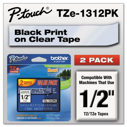 Brother P-Touch TZe Standard Adhesive Laminated Labeling Tapes, 0.47" x 26.2 ft, Black on Clear, 2/Pack