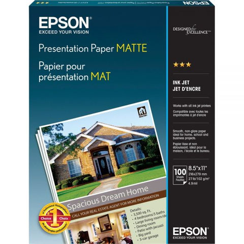 Epson Matte Presentation Paper, 4.9 mil, 8.5 x 11, Matte Bright White, 100/Pack