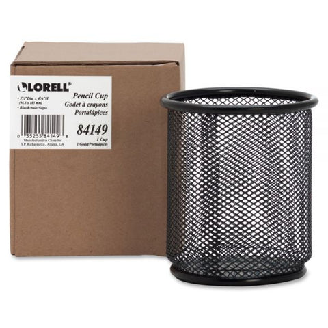 Lorell Black Mesh/Wire Pencil Cup Holder 3.5" x 3.9" x - Steel - 1 Each - Black