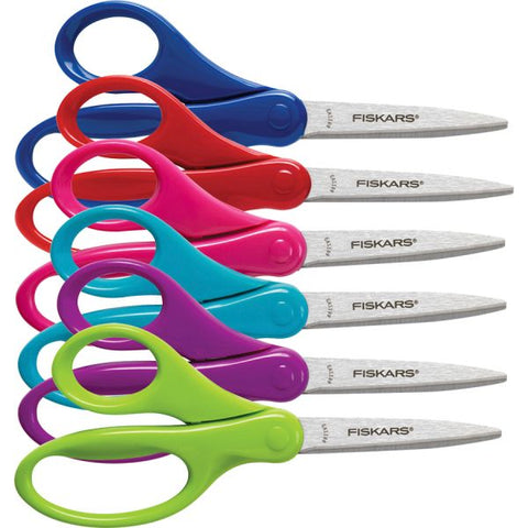 Fiskars Kids/Student Scissors, Pointed Tip, 7" Long, 2.75" Cut Length, Assorted Straight Handles