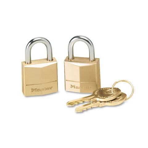 Master Lock Three-Pin Brass Tumbler Locks, 0.75" Wide, 2 Locks and 2 Keys, 2/Pack