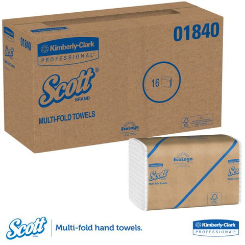 Scott Multi-Fold Paper Towels with Absorbency Pockets, 9 1/5 x 9 2/5, 1-Ply, White, 250 Sheets/Pack, 16 Packs/Carton