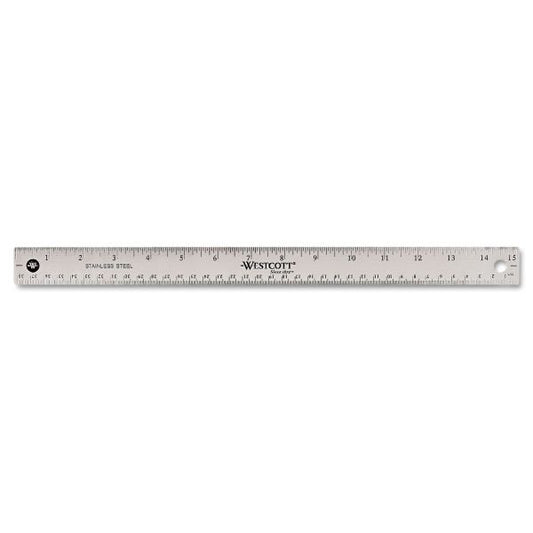 Westcott Stainless Steel Rulers 15"Longueur 1"Largeur - 1/16, 1/32 Graduations - Metric, Imperial Measuring System - Stainless Steel - 1 Each - Silver