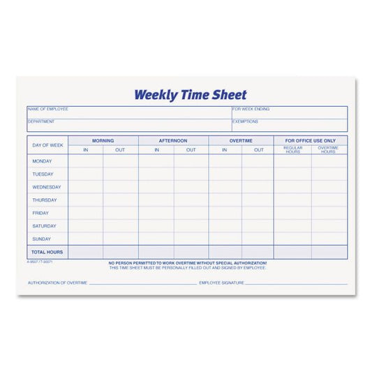 TOPS Weekly Time Sheets, One-Part (No Copies), 8.5 x 5.5, 50 Forms/Pad, 2 Pads/Pack