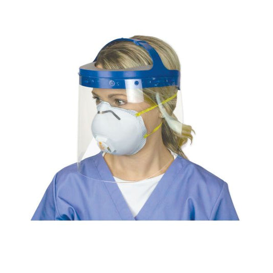 Suncast Commercial Fully Assembled Full Length Face Shield with Head Gear, 16.5 x 10.25 x 11, Clear/Blue, 16/Carton