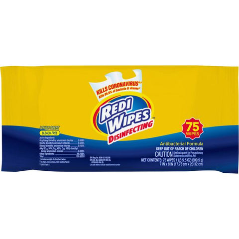 U.S. Nonwovens Disinfecting Redi Wipes 7" x 8" Wipe Size - Lemon Scent - 75 Wipes/ Pack - 12 Packs/ Carton