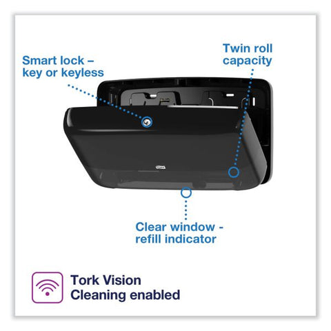 Tork Elevation Bath Tissue Mini-Jumbo Roll Twin Dispenser, 17 x 5.69 x 10.13, Black Tork Twin Mini Jumbo Toilet Paper Roll Dispenser Black T2, Elevation Range, 5555290