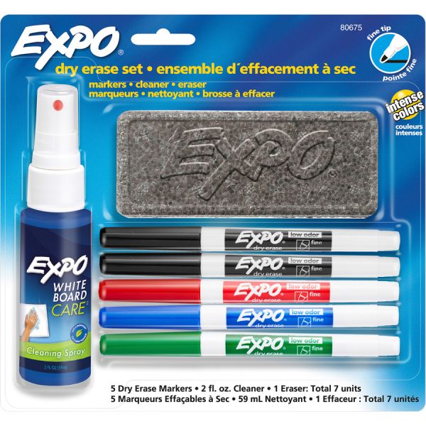 EXPO Dry Erase Marker, Eraser and Cleaner Kit, Fine, 5 Assorted, 1 set