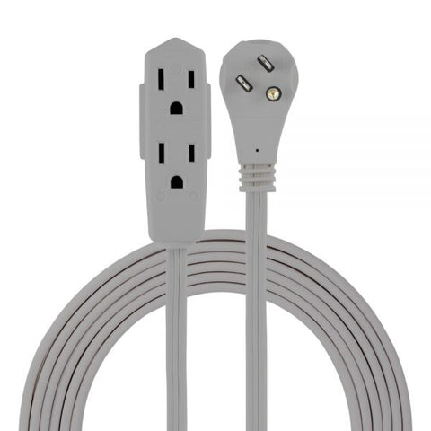 GE 3 Outlet Extension Cord, 15' Long Cord, Flat Plug, Gray, 43026