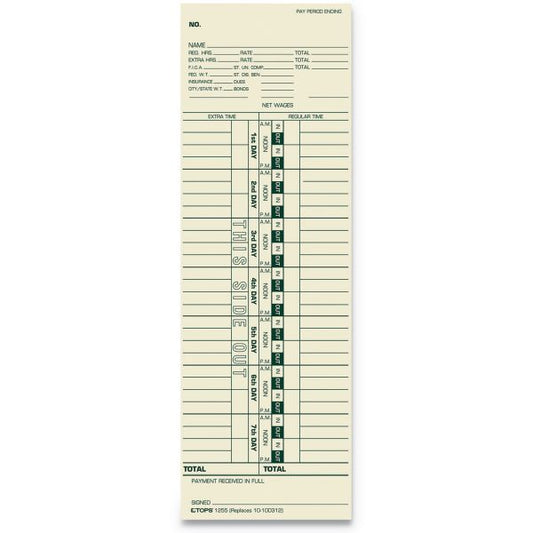 TOPS Time Clock Cards, Replacement for 10-100312/1950-9301/K14-36981D, One Side, 3.5 x 10.5, 500/Box