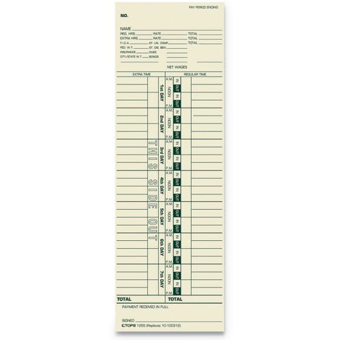 TOPS Time Clock Cards, Replacement for 10-100312/1950-9301/K14-36981D, One Side, 3.5 x 10.5, 500/Box