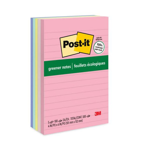 Post-it Greener Notes Original Recycled Note Pads, Note Ruled, 4" x 6", Sweet Sprinkles Collection Colors, 100 Sheets/Pad, 5 Pads/Pack