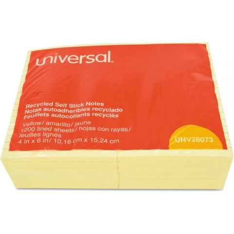 Universal Recycled Self-Stick Note Pads, Note Ruled, 4" x 6", Yellow, 100 Sheets/Pad, 12 Pads/Pack