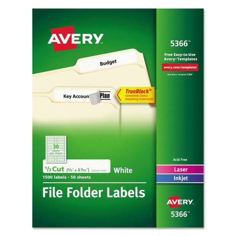 Avery Permanent TrueBlock File Folder Labels with Sure Feed Technology, 0.66 x 3.44, White, 30/Sheet, 50 Sheets/Box