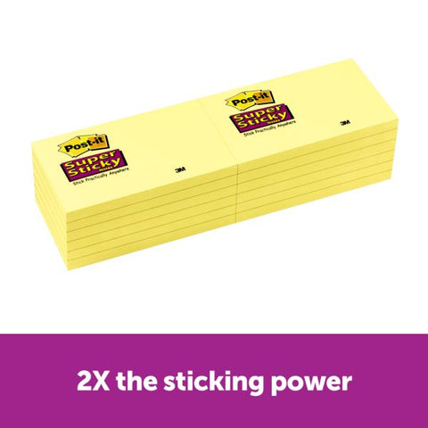 Post-it Notes Super Sticky Pads in Canary Yellow, 3" x 5", 90 Sheets/Pad, 12 Pads/Pack