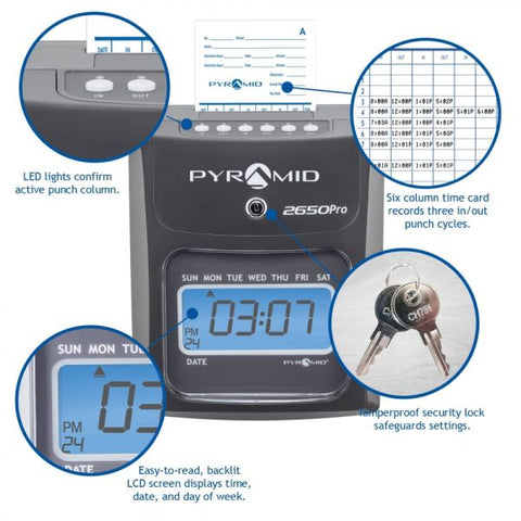 Pyramid 2650 6-Column Time Clock Card Punch/Stamp - Unlimited Employees - Day, Time Record Time