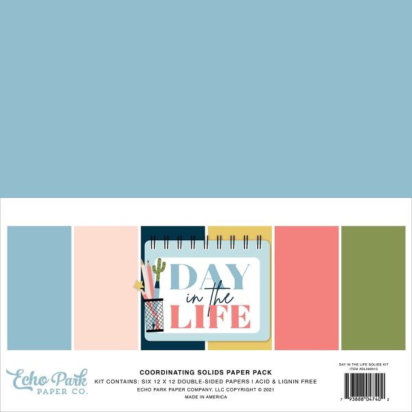 Echo Park Double-Sided Solid Cardstock 12"X12" 6/Pkg Day In The Life, 6 Colors