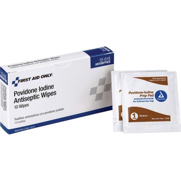 First Aid Only Povidone Iodine Antiseptic Wipes 2.3" Height x 0.8" Width x 4" Depth Length - 10 / Box