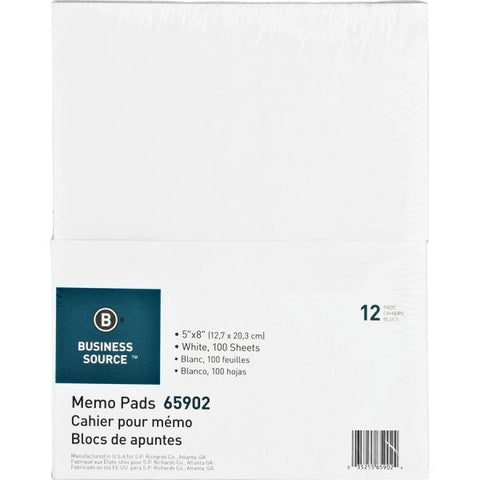 Business Source 65902 Memo Pad 100 Sheet(s) - 16 lb - Unruled - 5" x 8" - 1 Dozen - White