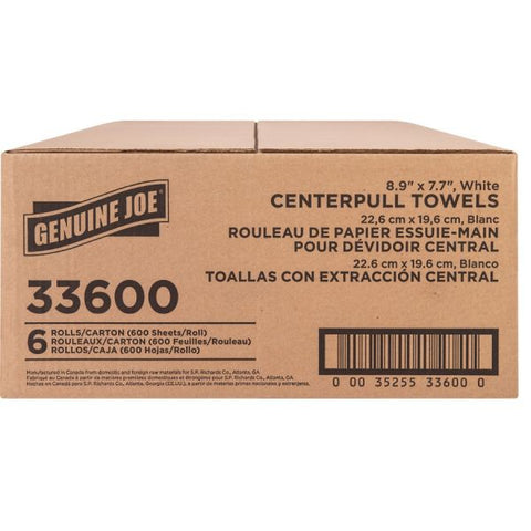 Genuine Joe Centerpull Towel Rolls 600 Sheets/Roll - White - Virgin Fiber - Center Pull, Soft, Absorbent - For Washroom - 6 / Carton