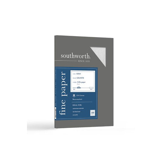 Southworth Granite Specialty Paper, 8 1/2" x 11", 24 Lb, 75% Recycled, Gray, Pack Of 100 Sheets