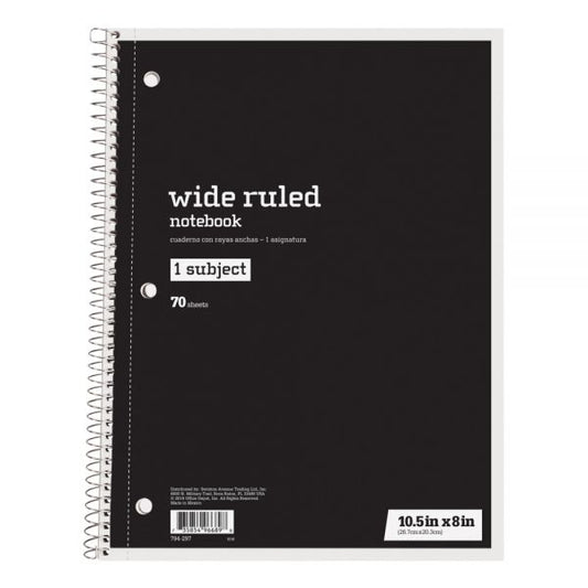 Just Basics Spiral Notebook, 8" x 10 1/2", Wide Ruled, 70 Sheets, Black