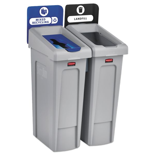 Rubbermaid Commercial Slim Jim Recycling Station Kit, 2-Stream Landfill/Mixed Recycling, 46 gal, Plastic, Blue/Gray