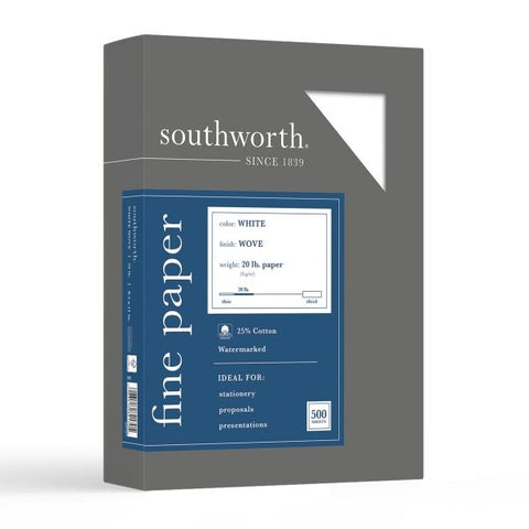 Southworth 25% Cotton Business Paper, 95 Bright, 20 lb Bond Weight, 8.5 x 11, White, 500 Sheets/Ream