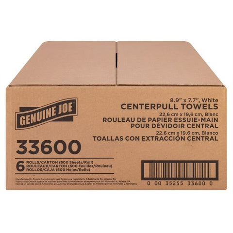 Genuine Joe Centerpull Towel Rolls 600 Sheets/Roll - White - Virgin Fiber - Center Pull, Soft, Absorbent - For Washroom - 6 / Carton