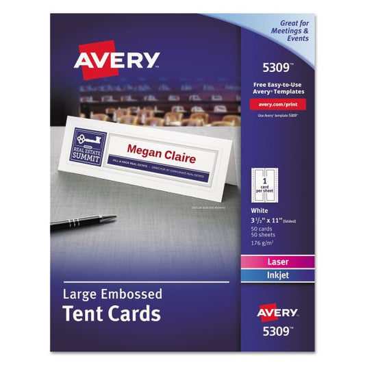 Avery Large Embossed Tent Card, White, 3.5 x 11, 1 Card/Sheet, 50 Sheets/Box